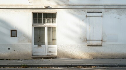 Parisian street, minimalist architecture, facing a wall with windows and doors, sunny afternoon light, tranquil atmosphere, no people present.