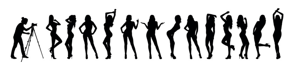 Female photographer with camera taking photos of group sexy female models standing in a row black silhouettes.