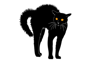 Angry, scared, aggressive black cat. Illustration in simple, flat, doodle style. Design element for posters, cards, textiles, logos
