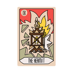 Tarot card is Senior Arcane the hermit. Vector hand-drawn deck. Vintage style with engraving. Occult and alchemical symbolism. isolated illustration of bright oracle. mysticism, magic, psychology