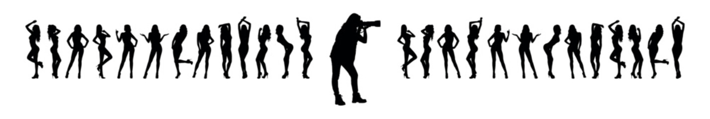 Female photographer with group sexy women models pose standing in row as background black silhouettes.