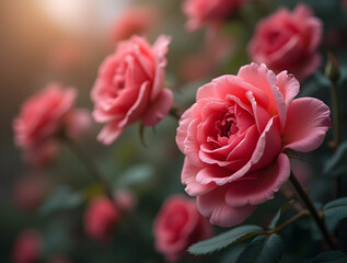A stunning rose bush with a soft, blurred background. Enigmatic and magical flower. A luxurious and romantic backdrop. A sophisticated symbol of love and passion, perfect for Women's Day, Valentine's 