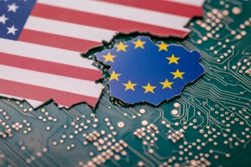 Us and eu flags on circuit board symbolizing technological collaboration
