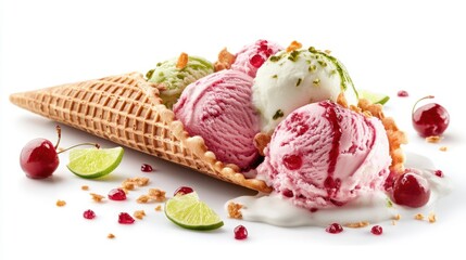 Delicious Ice Cream Cones with Vibrant Scoops of Strawberry, Lime, and Pistachio Surrounded by Toppings on a Bright White Background