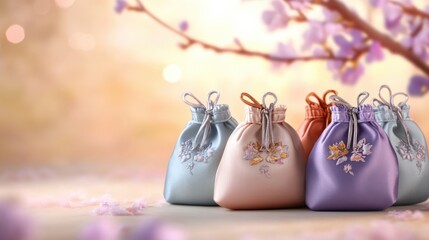 Elegant Pastel Gift Bags with Floral Embroidery on Soft Spring Background