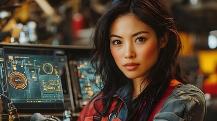 Obraz premium Portrait of an Asian female mechanic examining a car engine with holographic screens displaying real time repair instructions and diagnostic data