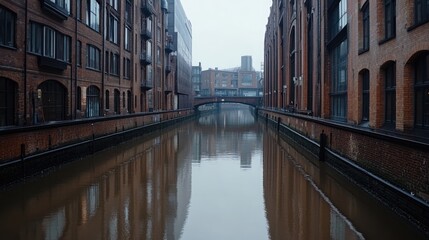 Fototapeta premium Spiegelkanal Mirror Canal in Hamburg features calm brown waters with buildings lining both sides under a cloudy sky