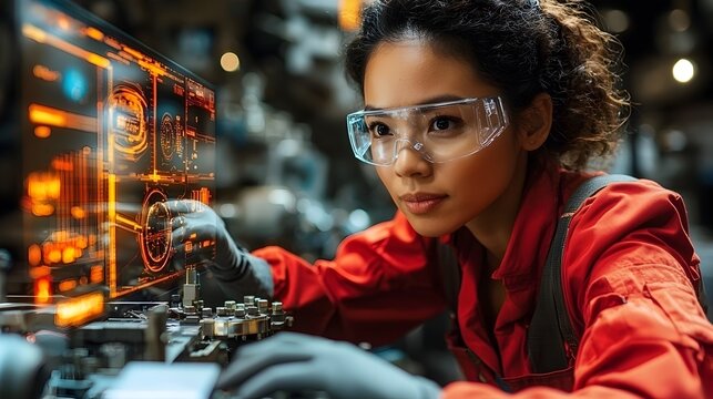 Asian female mechanic closely examining the engine of a car while holographic screens display real time repair instructions and diagnostic data