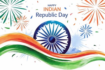 Ashoka Wheel with National Flag colours waves for Happy Indian Republic Day celebration.26 th january.
