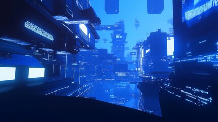 Obraz premium Abstract future city building tech background. Blue digital smart futuristic cityscape concept. Innovation and data hologram for virtual reality. Cyber metaverse network bg. Urban business energy