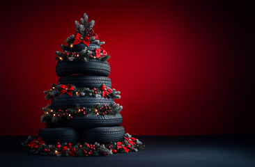 New Year tree made of car tires and disks on a red background with copy space. Festive New Year banner for the auto business of tuning cars, repair and sale of spare parts