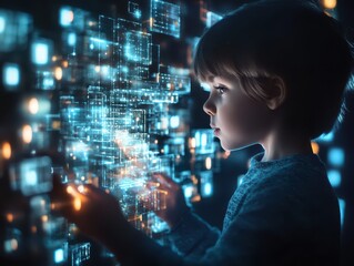 Techsavvy child building a virtual network with holographic blocks, education and innovation