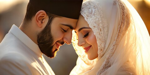 Joyful portrait of a happy Muslim couple, showcasing love as the husband and wife embrace each other tenderly, reflecting the essence of family and togetherness in a beautiful moment.