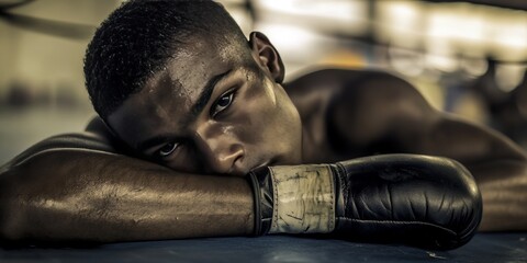 Young boxer man resting in the corner of the boxing ring during a break between rounds, showcasing determination and focus in the competitive sport of boxing.