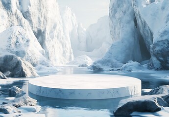 A white, icy, round podium in the center of an icy landscape, winter podium