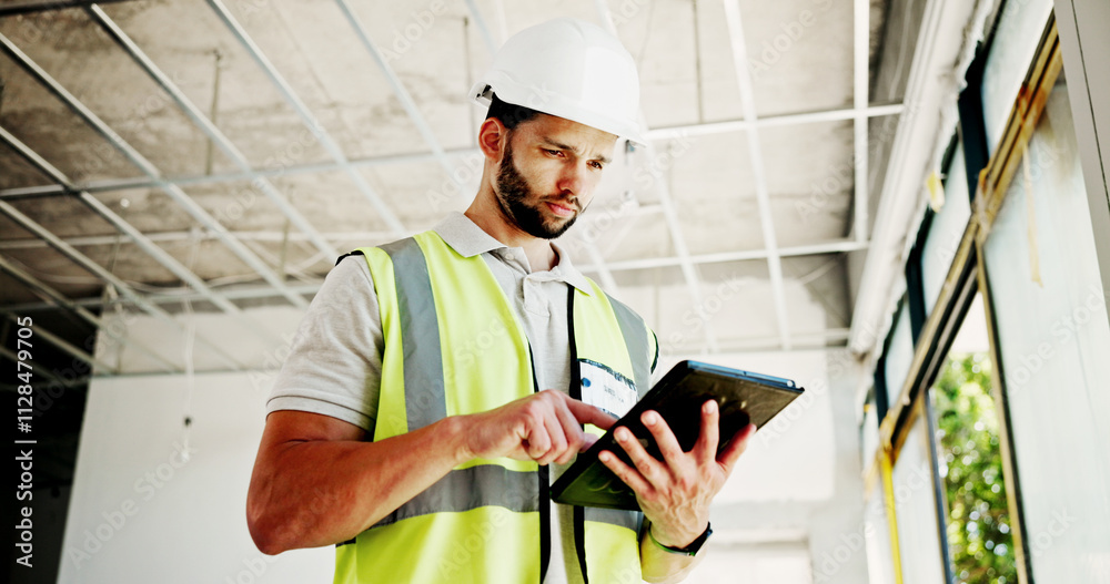 Fototapete Construction site, thinking and man with tablet, typing and network with online schedule. Person, architecture and employee with hard hat, tech and connection with digital app and problem solving