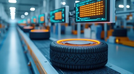 An automated tire manufacturing facility with high-tech displays, showcasing tires moving along a conveyor belt in an industrial environment.
