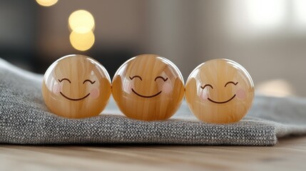 Three light brown amber beads displaying cheerful cartoon patterns rest on a wooden table with a blurred gray cloth behind them