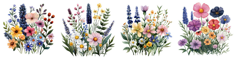 Fototapeta premium Vibrant watercolor of a beautiful bouquet of colorful wildflowers in a lush natural landscape setting The floral arrangement includes various blooming plants leaves and stems in a serene