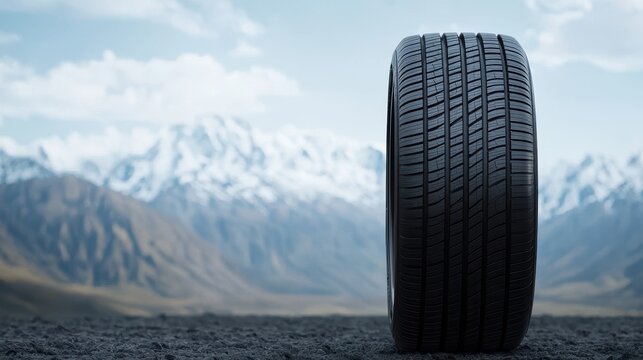 A solitary tire stands against a breathtaking mountain backdrop, showcasing rugged terrain and the beauty of nature.