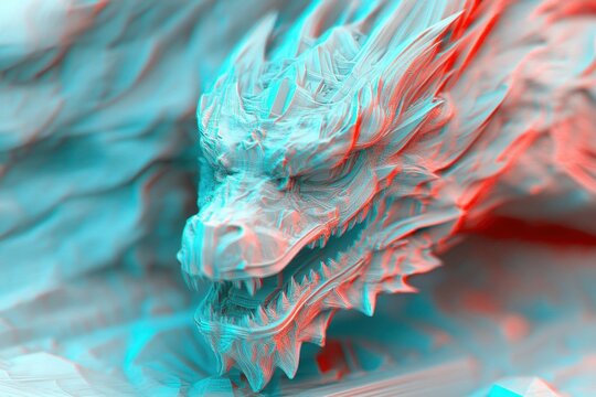 Fierce dragon head in vibrant red and blue glitch, anaglyph effect, showcasing intricate details, AI