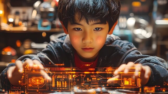 Asian Mechanic Utilizing Hologram Based Diagnostic Tools and Equipment to Service Futuristic Vehicles in a Cutting Edge Automotive Repair Workspace