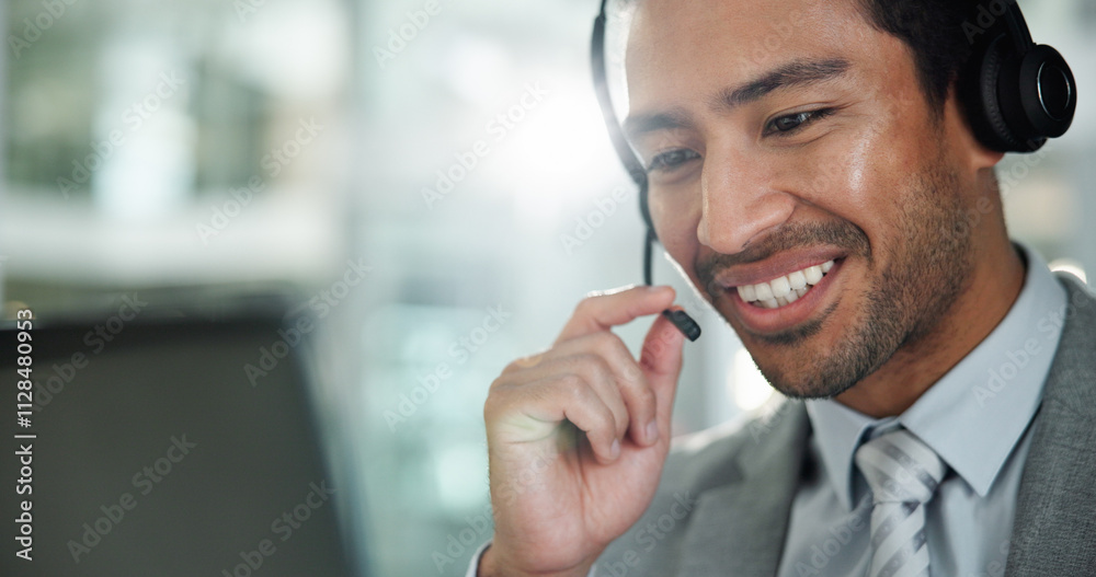 Poster Man, call center and smile with computer, contact and customer service with reading in modern office. Person, consultant or agent with microphone, happy and voip connection for support at help desk
