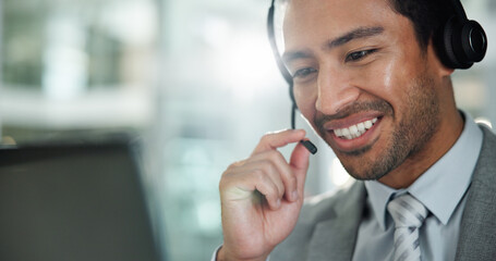 Man, call center and smile with computer, contact and customer service with reading in modern...