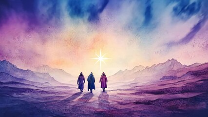 A serene watercolor of the Three Wise Men traveling through digital