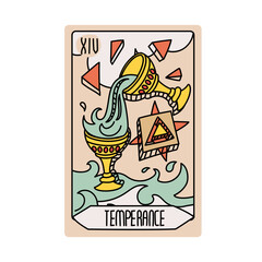 Tarot card is Senior Arcane temperance. Vector hand-drawn deck. Vintage style with engraving. Occult and alchemical symbolism. isolated illustration of bright oracle. mysticism, magic, psychology
