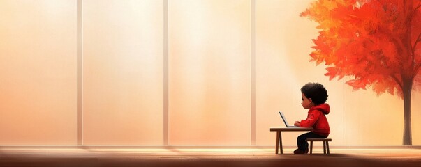 A young child in a red hoodie sits at a desk with a laptop, surrounded by warm autumn colors and a tree with orange leaves.