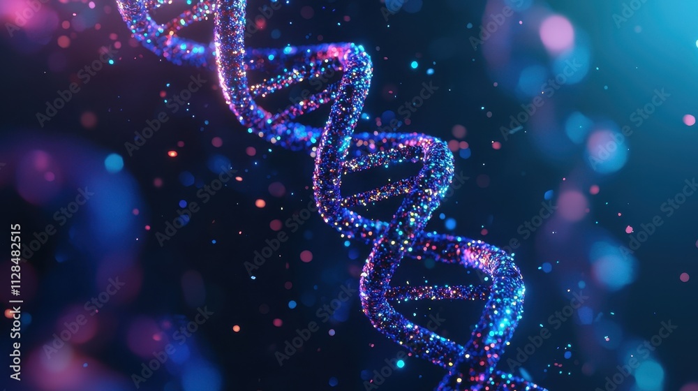 Poster advanced technology showcasing data driven solutions with colorful dna structure and sparkling parti