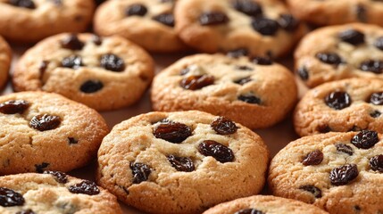 Golden brown raisin cookies, close-up shot. Perfect for websites, blogs, or recipes showcasing delicious baked goods.
