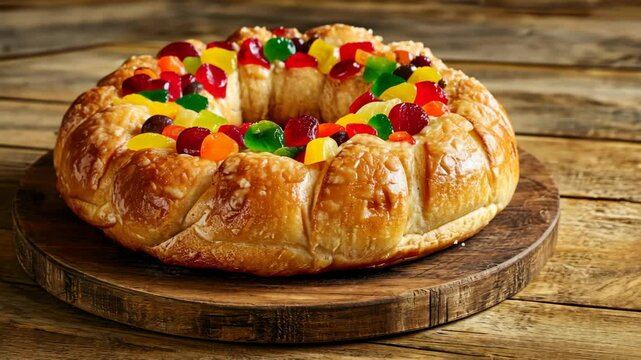 A traditional Rosca de Reyes bread, beautifully decorated digital