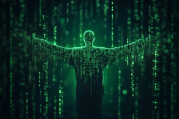 Digital silhouette amidst green matrix code