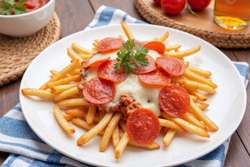 Creative dish loaded French fries pepperoni mozzarella parsley