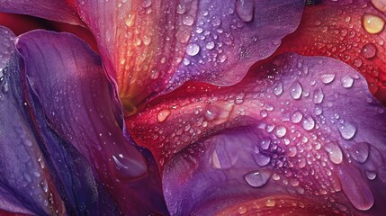 Orchid petals with intricate patterns, deep purples and reds under soft light, droplets of water adding shimmer, capturing exotic beauty.
