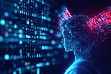 Digital art of female silhouette with binary code and neural network elements