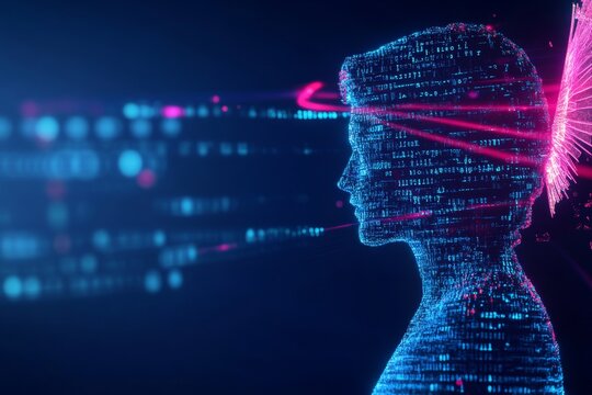 Futuristic digital female profile with binary code and neon lights - Powered by Adobe