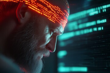 Elderly caucasian male with augmented reality headset analyzing digital data