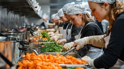 In a vibrant charity kitchen, diligent volunteers chop vegetables, stir pots, and assemble healthy meals, creating a warm atmosphere of collaboration and generosity for the community