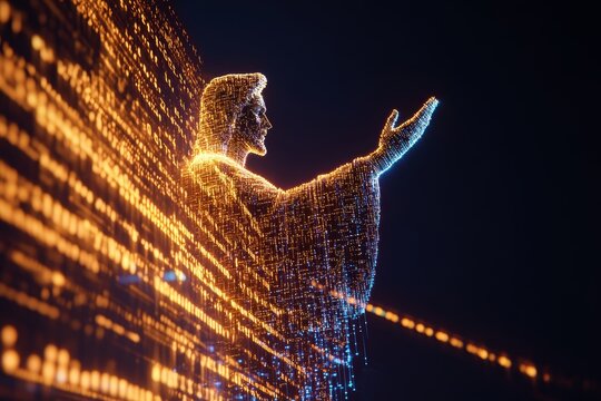 Illuminated digital christ statue: futuristic light sculpture at night