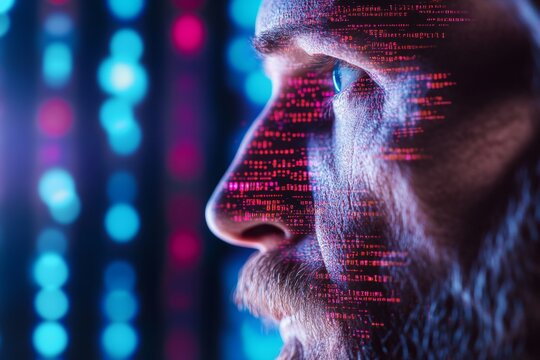 Caucasian male adult in profile with digital code overlay against colorful lights