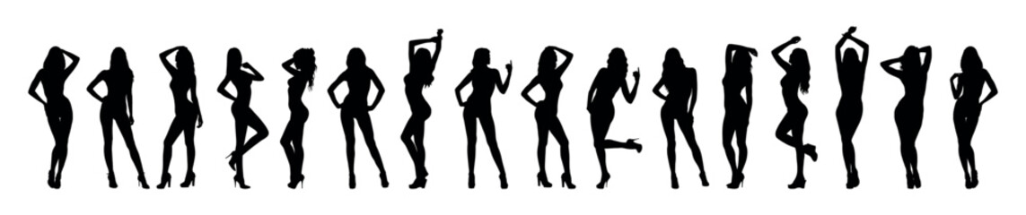 Group of sexy and sensual female models with different poses standing in a row black silhouettes set.