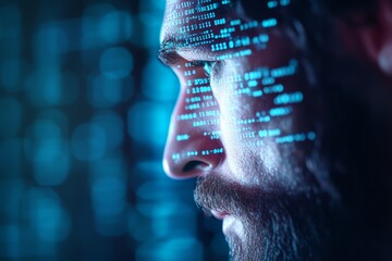 Profile of young caucasian male analyzing data on a digital interface