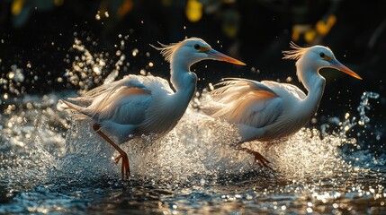 Fototapeta premium Two Elegant White Birds Running Through Water with Splashes and Soft Sunlight in a Serene Natural Environment