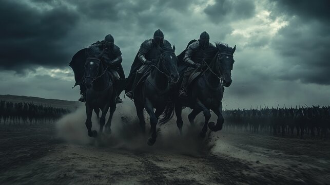 wide shot of four armored warriors on black horses, faces hidden by dark masks, charging through a dusty terrain, with a stormy sky, thousands of horses in the distance, cinematic, dramatic, 4k, 11mm