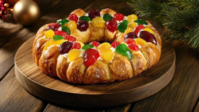 A traditional Rosca de Reyes bread, beautifully decorated digital