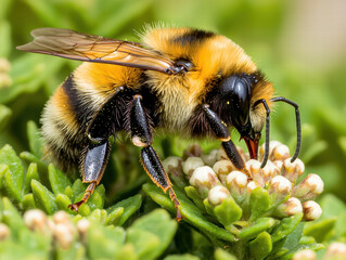 close up of bumblebee pollinating flower, showcasing its vibrant colors and details