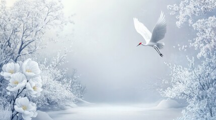Elegant White Crane Flying Over Serene Winter Landscape with Frosted Trees